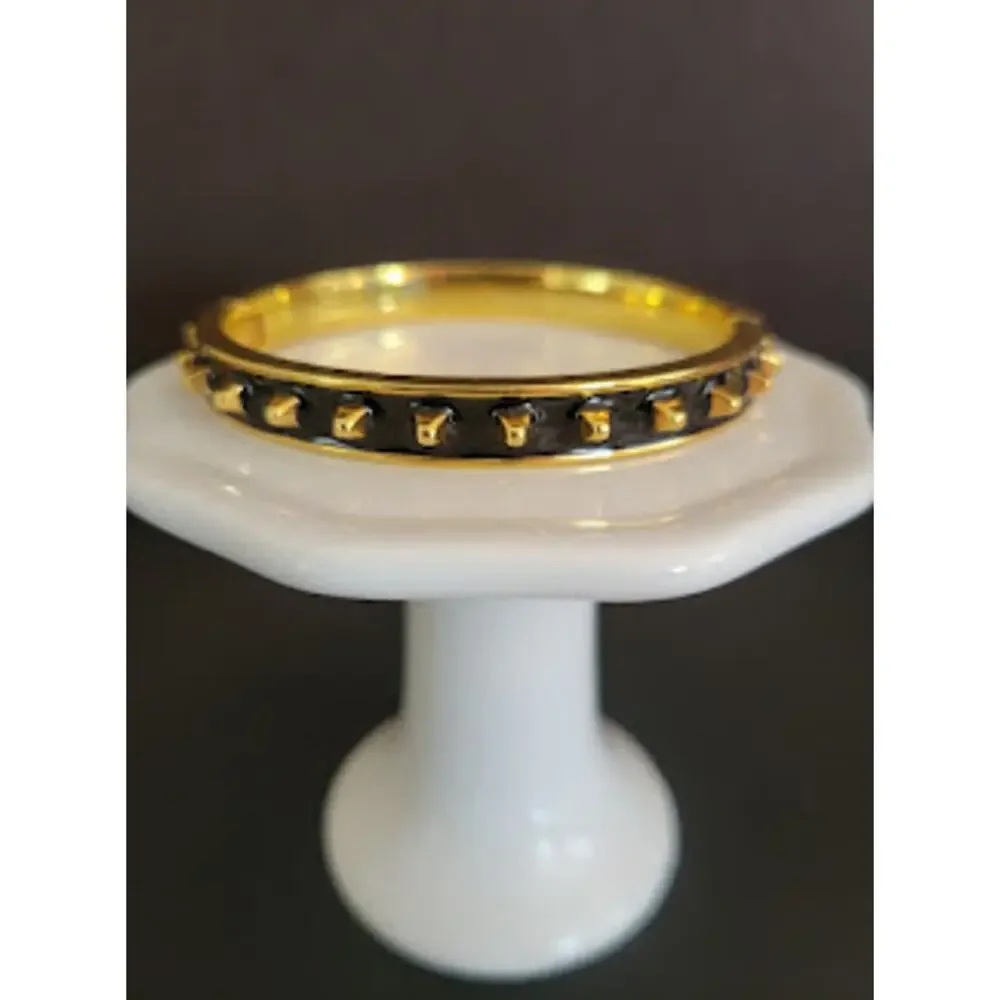 J. Crew Hinged Bangle Black Enamel Gold Plated with Small Spikes Strong Clasp - Picture 5 of 7
